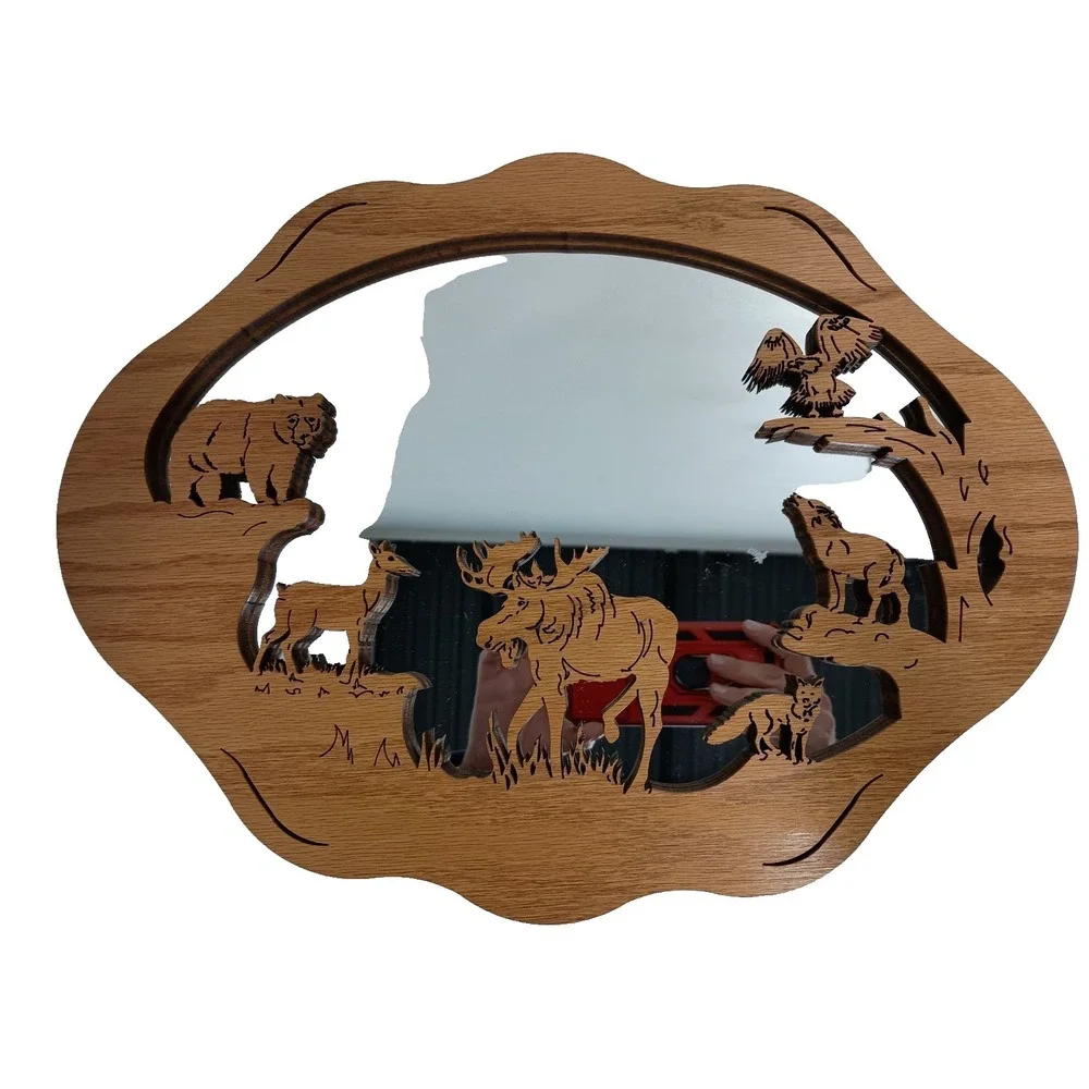 Vintage Hand Carved Wood Wild Animals Framed Wall Accent Mirror Primitive Rustic